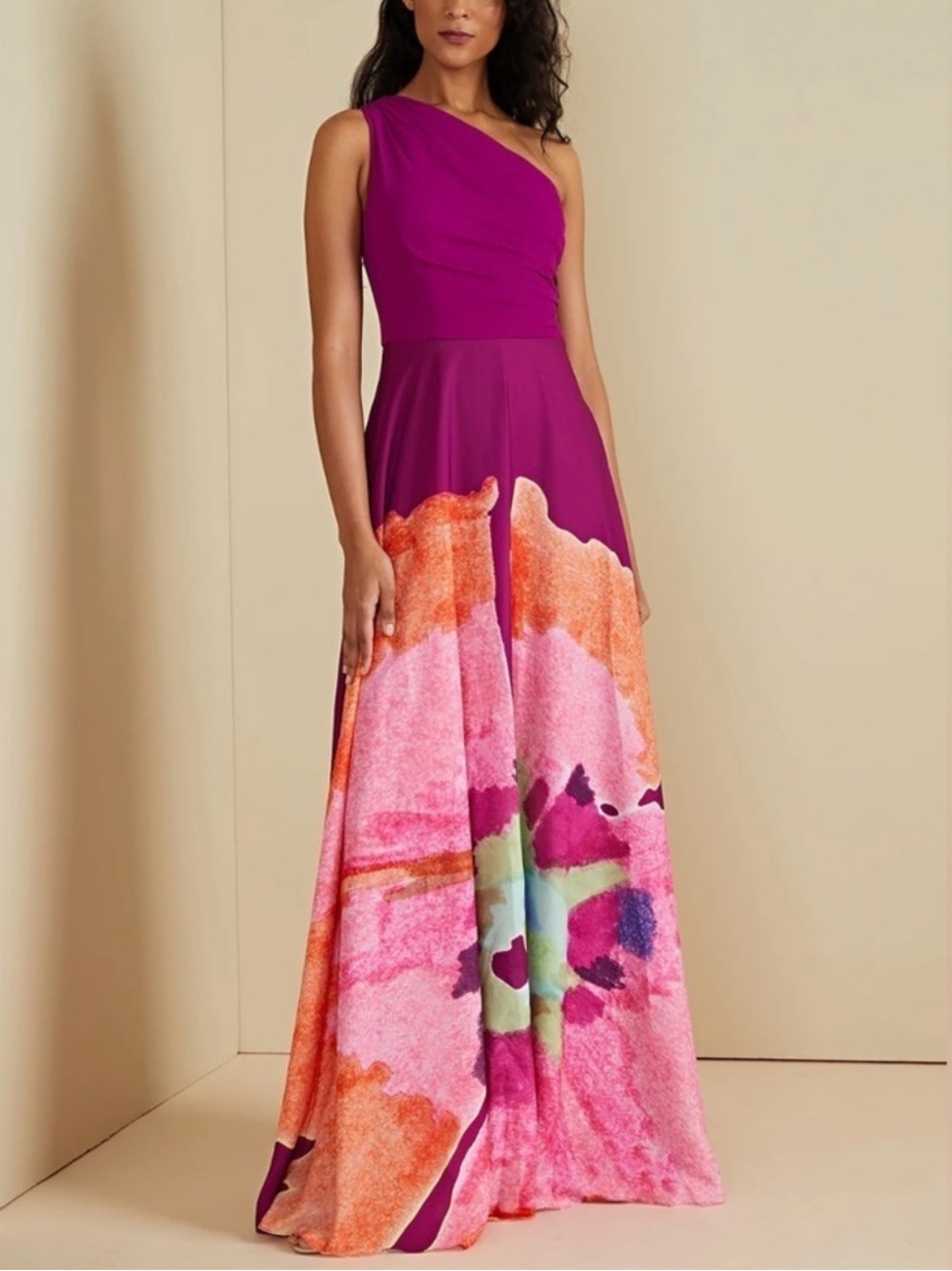 AMUR Atlas One Shoulder Floral Maxi Gown Pink Purple Watercolor Size 4 NWT